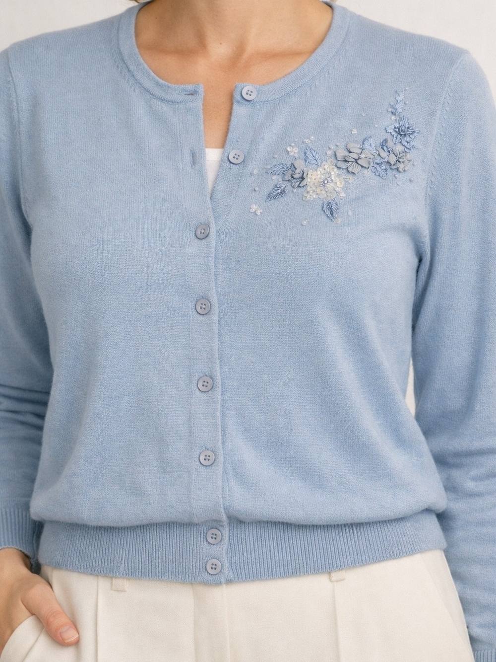 Cotton Ginny Blue Floral Ribbon Embroidered Cardigan Sweater Coquette Cottage M